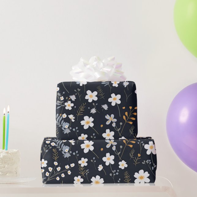 Black Minimalistisch Gentle Garden Wildblumen Kind Geschenkpapier (Partygeschenke)