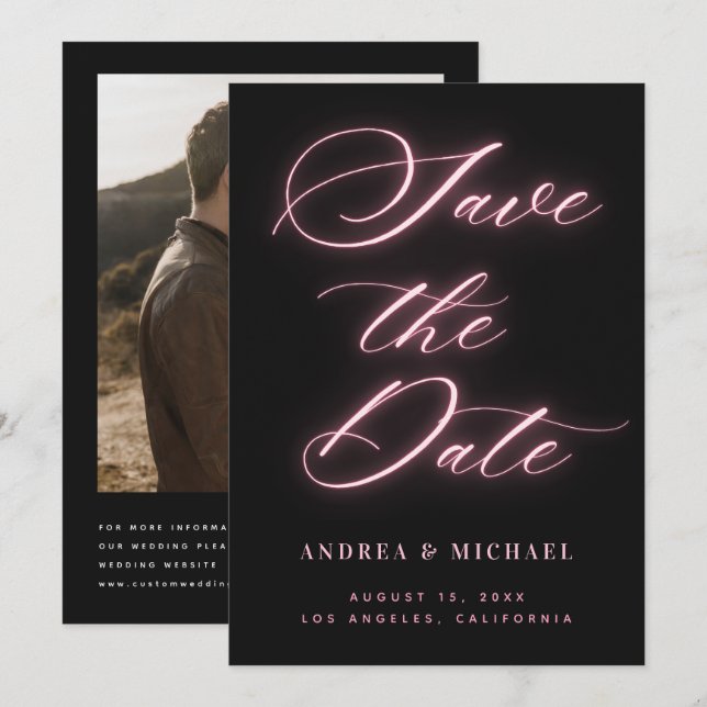 Black Minimalistisch Pink Neon Foto & QR Code Wedd Save The Date (Vorne/Hinten)