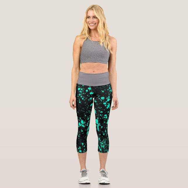 Black Mint Paint Splatter Artistic Splash Creative Capri Leggings (Vorderseite)