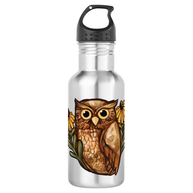 Black Mit Augen Susan Owl Blume Owls Edelstahlflasche (Vorderseite)