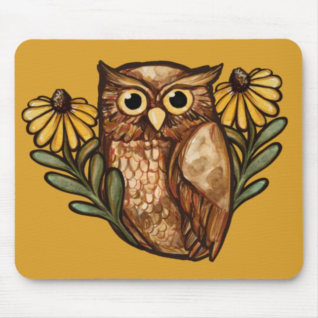 Black Mit Augen Susan Owl Blume Owls Mousepad (Vorne)
