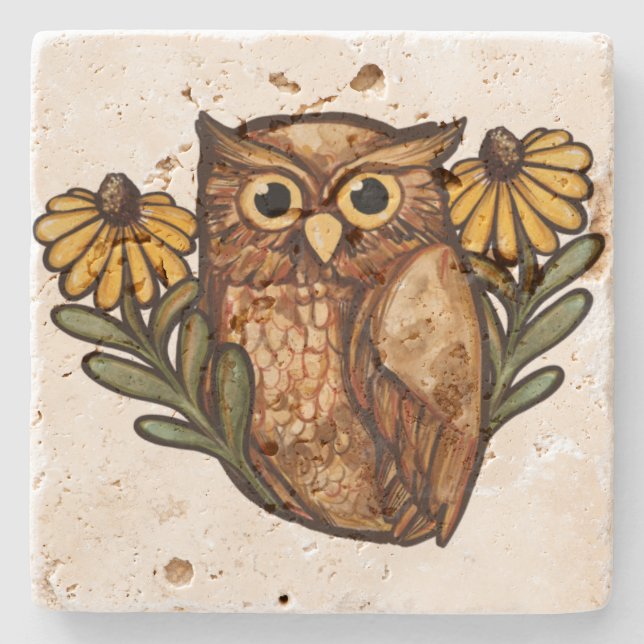 Black Mit Augen Susan Owl Blume Owls Steinuntersetzer (Vorderseite)