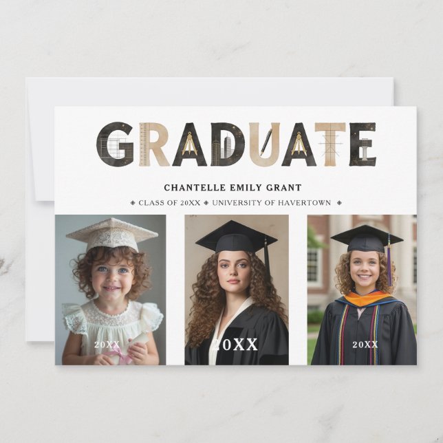 Black Modern Architecture Grad 3-Photo Timeline Einladung (Vorderseite)