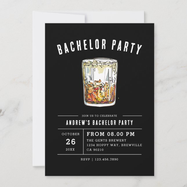 Black Modern Bachelor Party Watercolor Whiskey Einladung (Vorderseite)