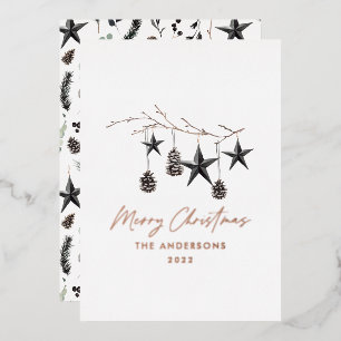 Black modern botanical real foil Christmas Folien Feiertagskarte