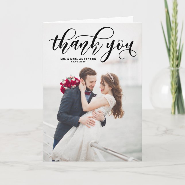 Black Modern Calligraphy Wedding Foto Vielen Dank Dankeskarte (Vorderseite)