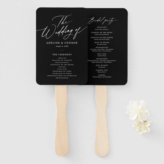Black Modern Calligraphy Wedding Program Fächer (Vorne und Hinten)