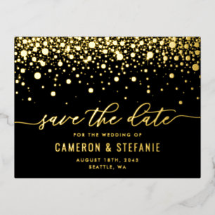 Black Modern Confetti Dots Gold Foil Save the Date Folie Einladungspostkarte
