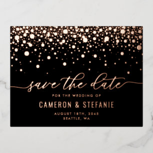 Black Modern Confetti Rose Gold Save the Date Folie Einladungspostkarte