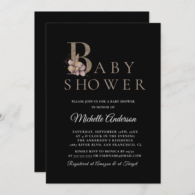 Black Modern Elegant Baby Shower Einladung (Vorne/Hinten)