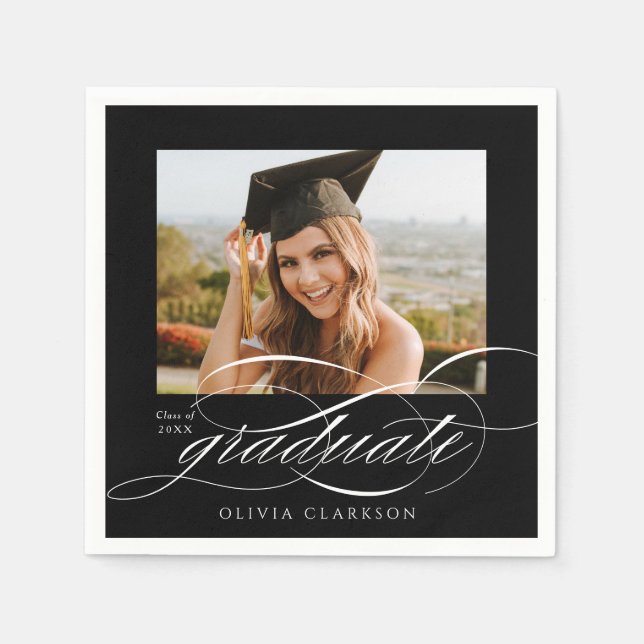 Black Modern Elegante Script Foto Graduation Party Serviette (Vorderseite)
