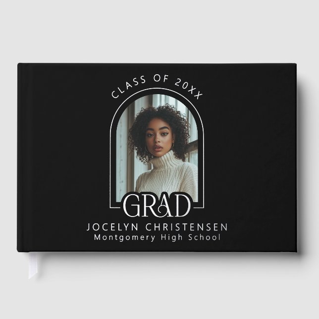 Black Modern Foto Abschluss Silver Gästebuch (Vorderseite)