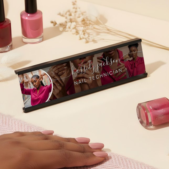 Black Modern Foto Collage Script Kalligrafy Name Schreibtischnamensplakette (Black Modern Photo Collage Script Calligraphy Name Desk Name Plate)