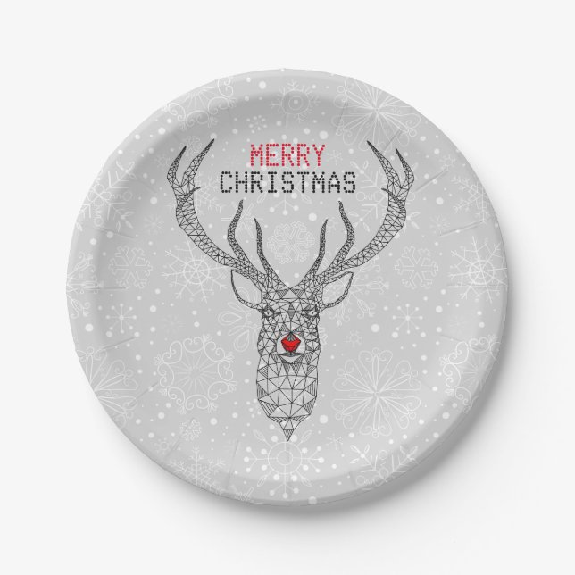 Black Modern Geometric Christmas Deer Pappteller (Vorderseite)