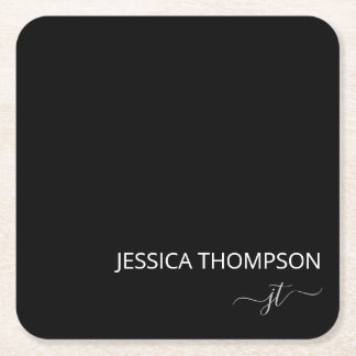 Black Modern Girly White Simple Monogram Name Tri Rechteckiger Pappuntersetzer