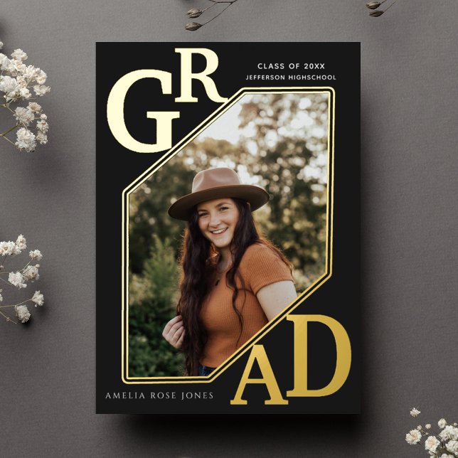 Black Modern Gold GRAD Abschluss Foto Fossil Folieneinladung (Von Creator hochgeladen)
