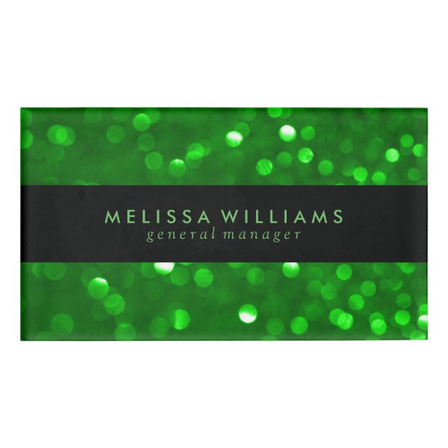 Black & Modern Green Bokeh Glitter Textur Namenschild (Vorderseite)