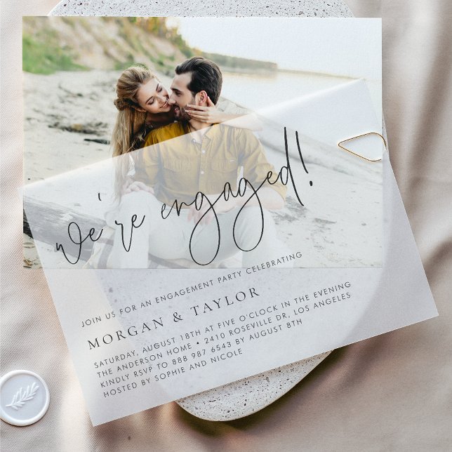 Black Modern Handgeschriebene Script-Engagement-Pa (This minimalist vellum engagement party invitation features modern calligraphy and a clean layout.)