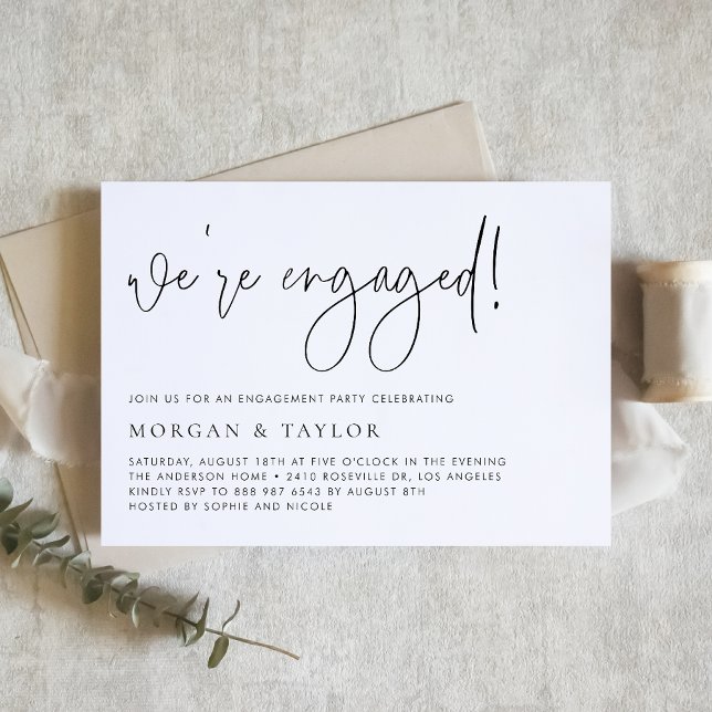 Black Modern Handgeschriebene Script-Engagement-Pa Einladung (This minimalist engagement party invitation features modern calligraphy and a clean layout.)
