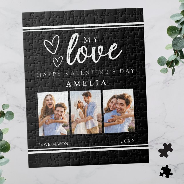 Black Modern Happy Valentine's Photo Collage Puzzle (Black Modern Happy Valentine's Photo Collage Jigsaw Puzzle for Her)
