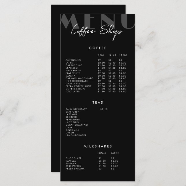 Black Modern Minimalistisch Coffee Shop Menü Menükarte (Vorne/Hinten)