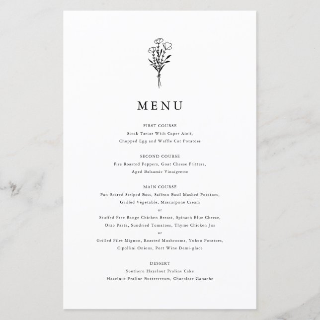 Black Modern Minimalistisch Floral Bouquet Menu Ca (Vorderseite)
