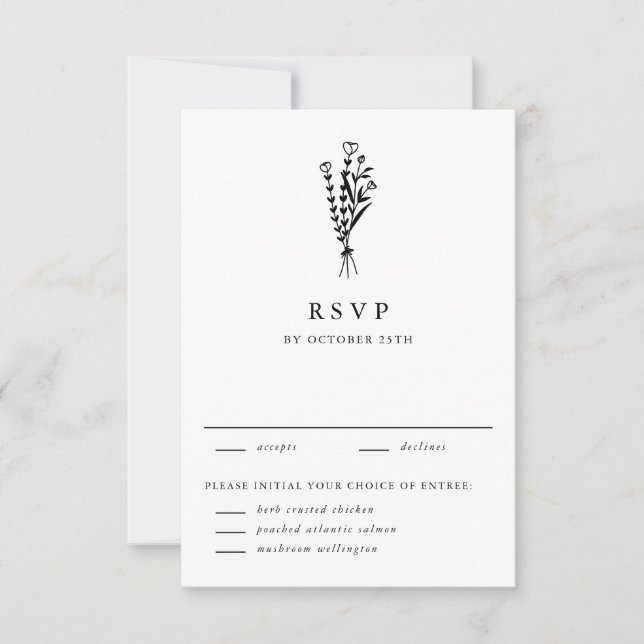 Black Modern Minimalistisch Floral Bouquet Wedding RSVP Karte (Vorderseite)
