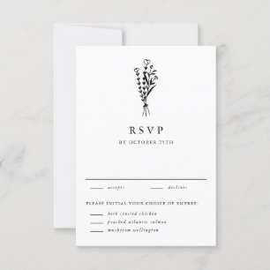 Black Modern Minimalistisch Floral Bouquet Wedding RSVP Karte