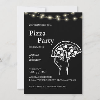 Black Modern Minimalistisch Pizza Geburtstagseinla Einladung