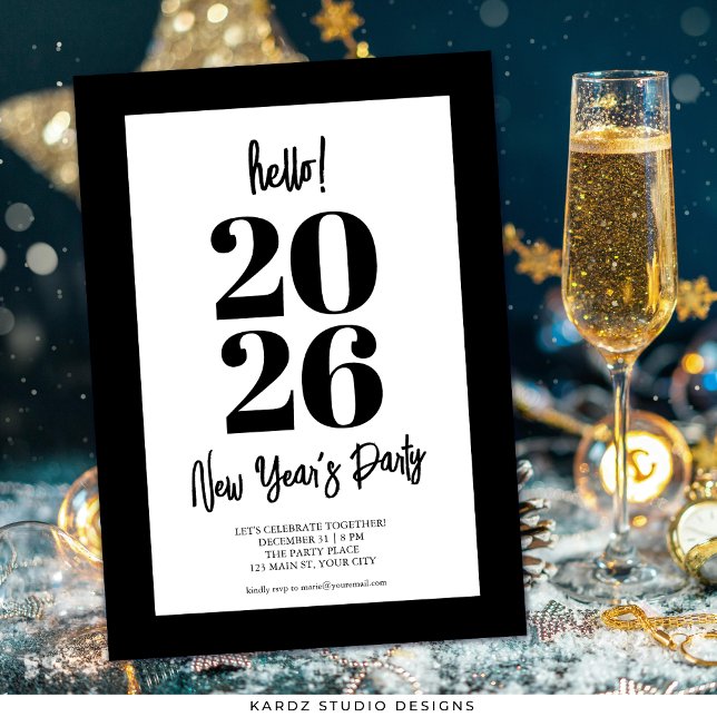 Black Modern New Years Party Einladung (Invite shown in 5 x 7 inches, choose size, paper, and corner style.)