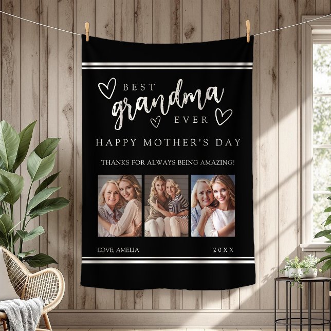 Black Modern Photo Collage Best Grandma Ever Fleecedecke (Black Modern Photo Collage Best Grandma Ever Fleece Blanket)