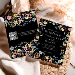 Black Modern QR Code Wildblume Hochzeit Einladung