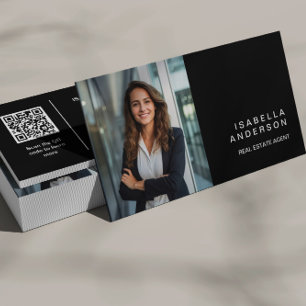 Black Modern Real Anwesen Beruflich Foto QR Visitenkarte