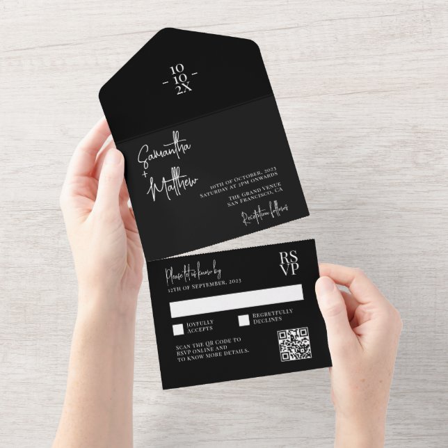 Black Modern Rustic Minimalistisch Wedding QR Code All In One Einladung (Abreißen)
