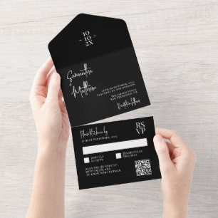 Black Modern Rustic Minimalistisch Wedding QR Code All In One Einladung