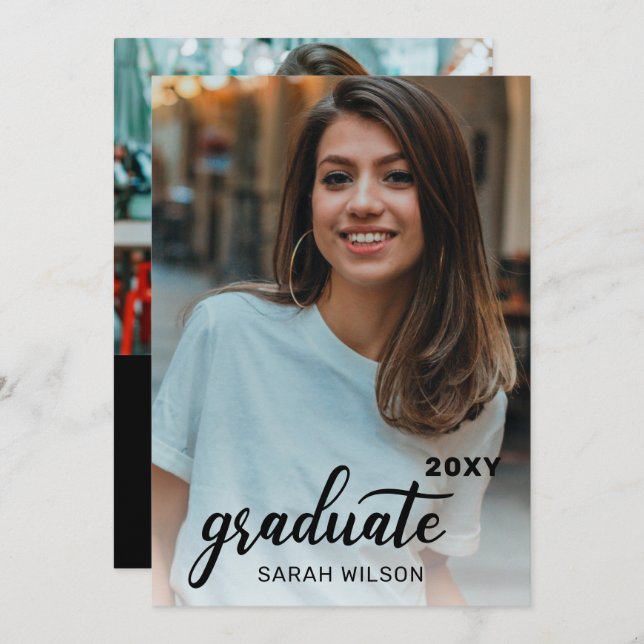 Black Modern Script Graduate 2 Foto Drive by Einladung (Vorne/Hinten)