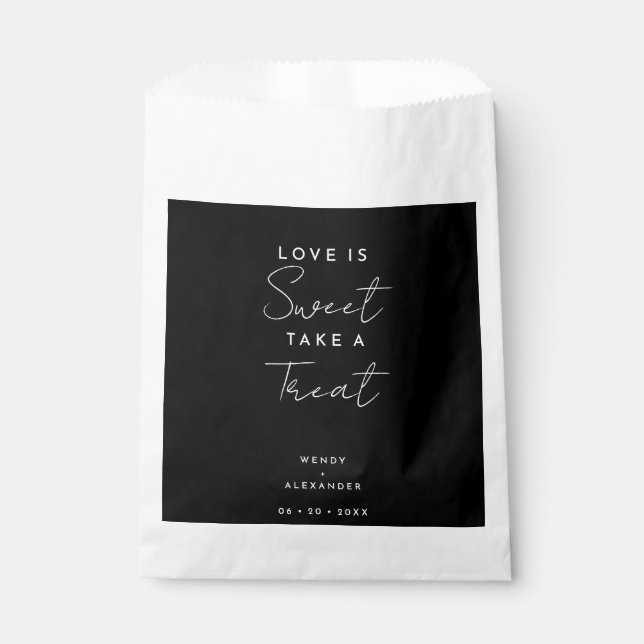 Black Modern Script Liebe ist Sweet Wedding Geschenktütchen (Vorderseite)