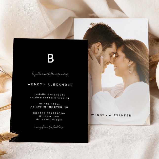Black Modern Script Monogram Wedding Foto Einladung (Von Creator hochgeladen)