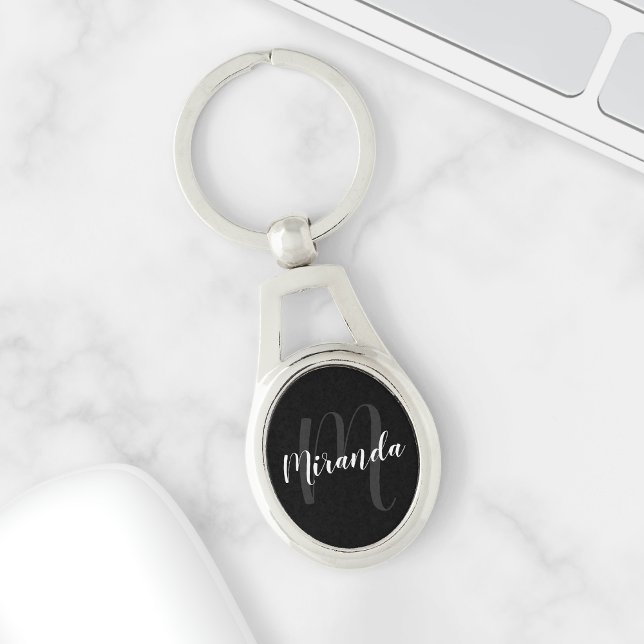 Black Modern Script Personalized Monogram and Name Schlüsselanhänger (Von Creator hochgeladen)