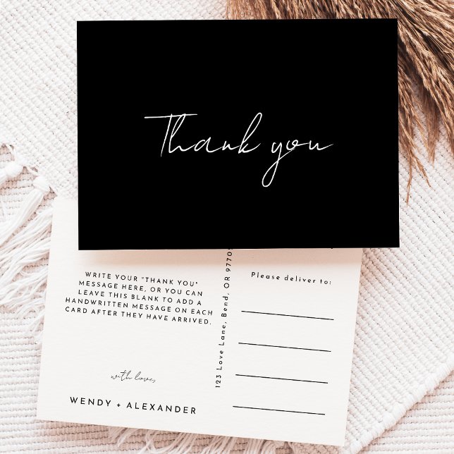 Black Modern Script Wedding Danke Postcard Postkarte (Von Creator hochgeladen)