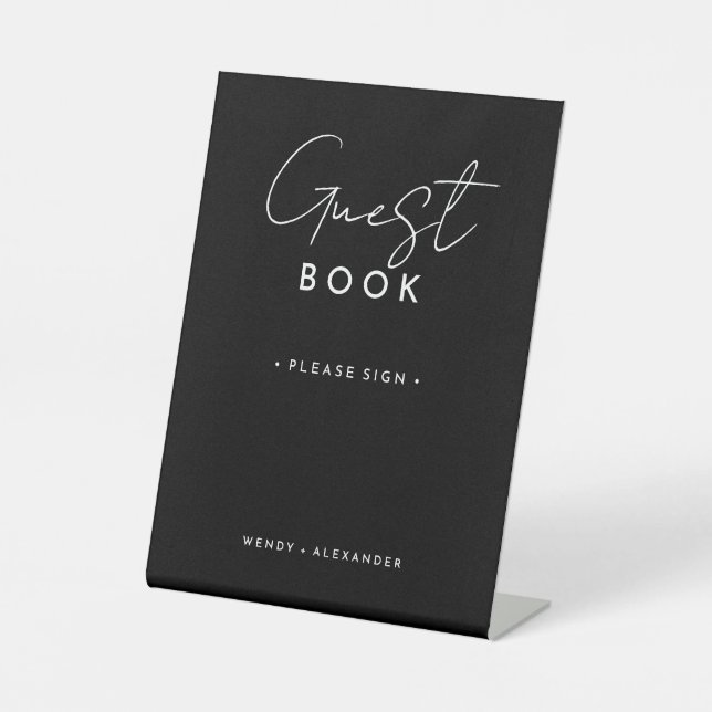 Black Modern Script Wedding Guest Book Sign Sockelschild (Vorderseite)