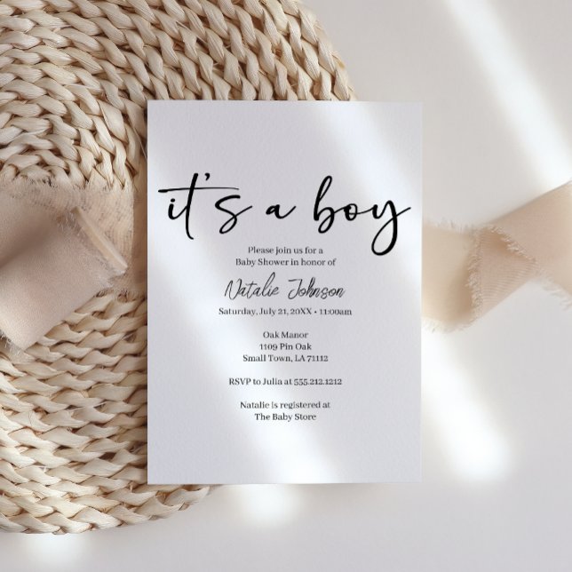Black Modern Simple Script Boy Baby Shower Einladung (Von Creator hochgeladen)