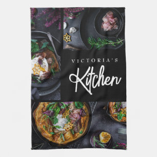 Black Modern Stylish Typografie Custom Foto Geschirrtuch