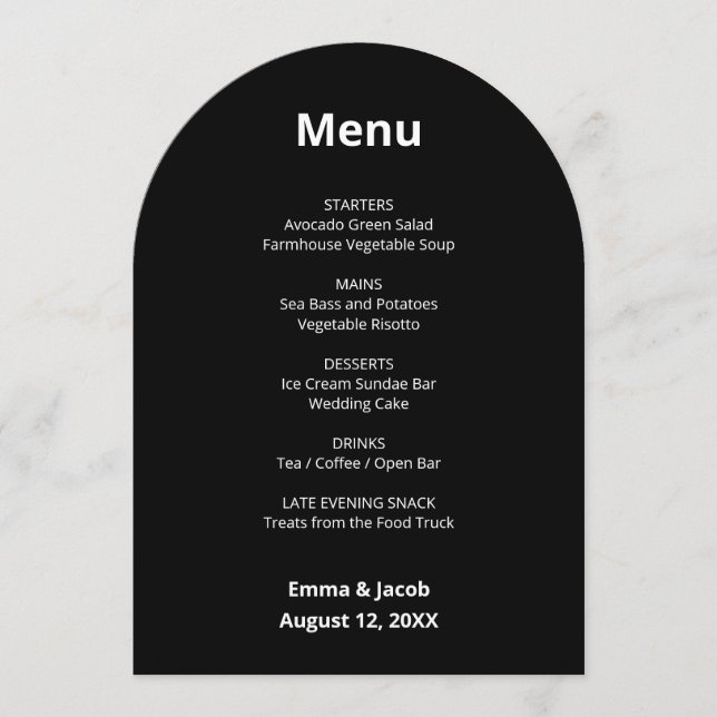 Black Modern Wedding Menu Card Einladung (Vorderseite)