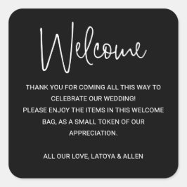Black Modern Wedding Willkommensgeschenk Beutel Quadratischer Aufkleber