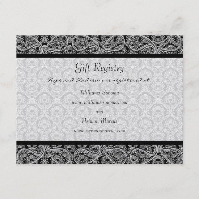 Black Monogram Damask Gift Registry Wedding Begleitkarte (Vorderseite)