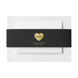 Black Monogram Imitate Gold Heart Wedding Einladungsbanderole