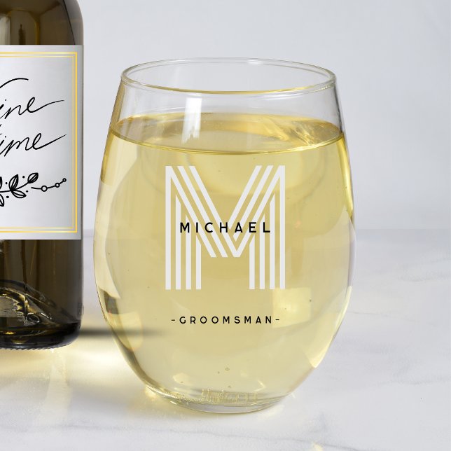 Black Monogram Trauzeuge Wedelparty Weinglas Ohne Stiel (Black Monogram Groomsman Wedding Bachelor Party Stemless Wine Glass
)
