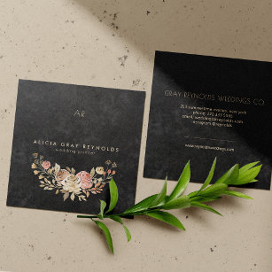 Black Monogram Watercolor Floral Wedding Planner Quadratische Visitenkarte
