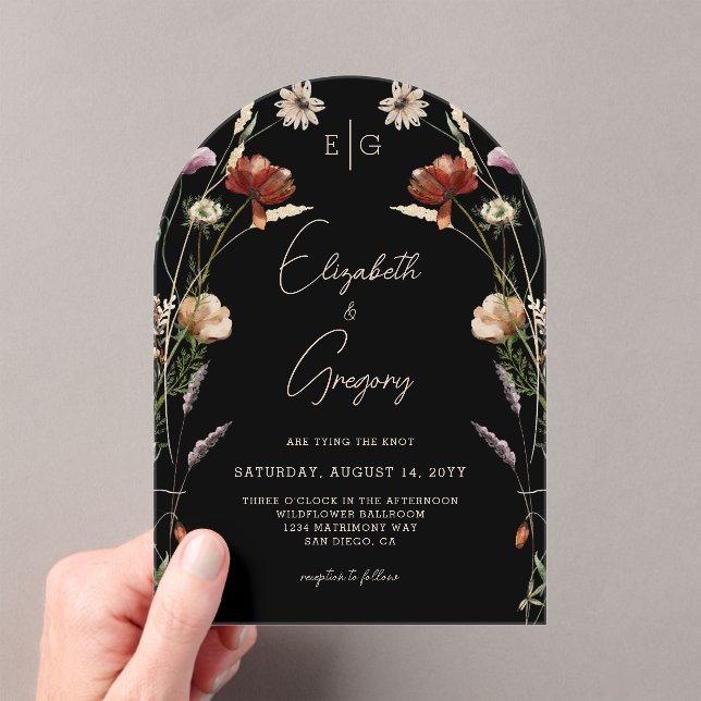 Black Monogram Wildblume Wedding Acryleinladungen (Insitu (Handheld))